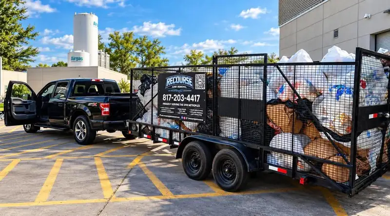 Recourse truck and branded trailer loaded with bagged junk and cardboard